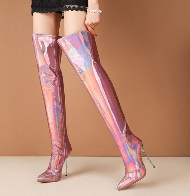 レディースブーツニーハイブーツエナメル12.5cm超ハイヒール光沢ロング