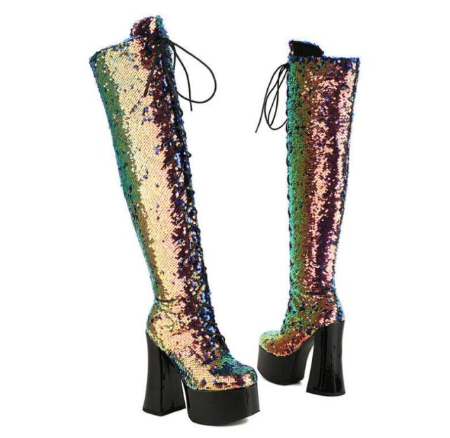 レディースブーツロングブーツ編み上げブーツ15センチキラキラ超ハイヒール光沢ロング丈秋冬春秋サイハイブーツ レディースブーツロングブーツ編み上げブーツ15センチキラキラ超