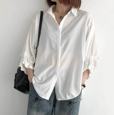 トップス シャツ 七分袖 フリル 薄手 かわいい きれいめ シンプル カジュアル 大人 上品 おしゃれ かっこいい レトロ こなれ感 ラフ 抜け感 無地 春 夏 秋 20代 レディース 前開き 10代_4
