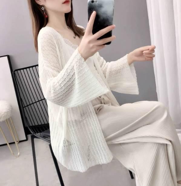 トップス カーディガン 袖付き 長袖 襟なし 前開き 薄手 シースルー