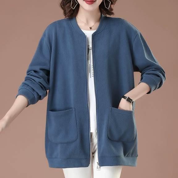 アウター ジャケット 上着 ミディアム丈 袖付き 長袖 襟なし ラウンドネック 前開き ファスナー ポケット かわいい 大人可愛い きれいめ シンプル 大人 上品 かっこいい 大人女子 レト おしゃれ