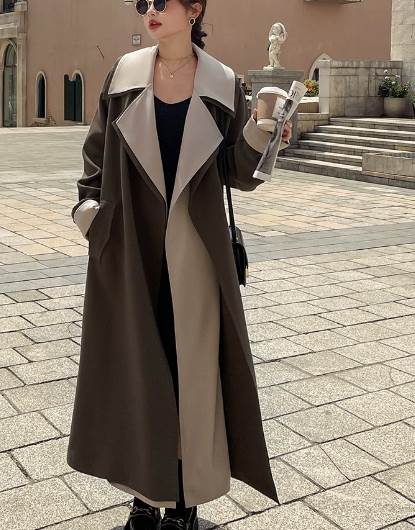 レディース コート ロング 長袖 萌袖 襟付き ワイド ウエストマーク ウエストリボン ポケット バイカラー かわいい 大人可愛い シンプル カジュアル おしゃれ かっこいい ルーズ クール エ ラフ