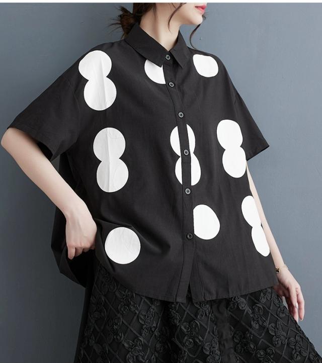 水玉 ドット柄 シャツ ブラウス ビックブラウス ロングシャツ 半袖