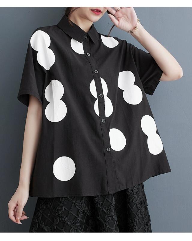 水玉模様の半袖ブラウスチュニック 水玉 ドット柄 シャツ ブラウス ビックブラウス ロングシャツ 半袖