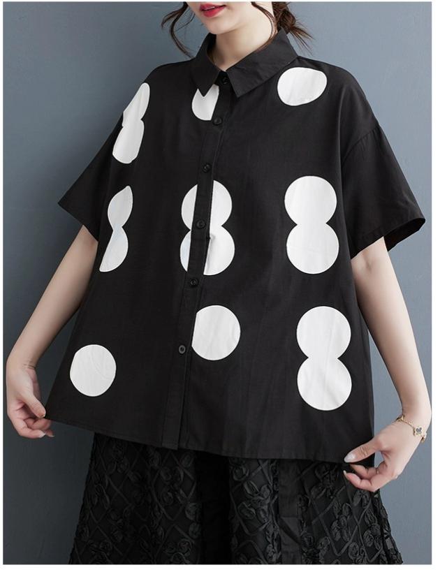 水玉 ドット柄 シャツ ブラウス ビックブラウス ロングシャツ 半袖