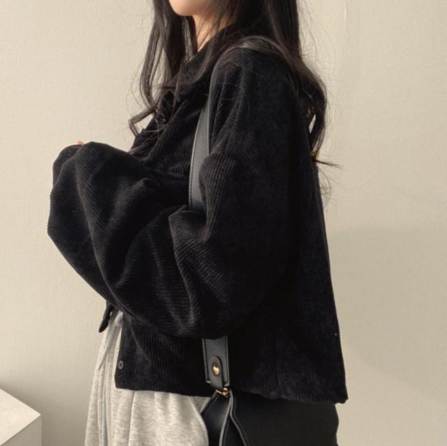 カジュアル黒ジャケット コーデュロイ襟付き カジュアル黒ジャケット