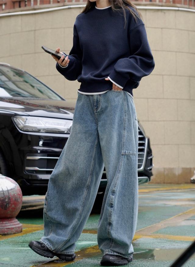 ハイ デニムパンツ ボトムス レディース Denim pants Blue ジーンズ デニム デニムパンツ ２ボタンハイウエストワイドデニムパンツ レディース