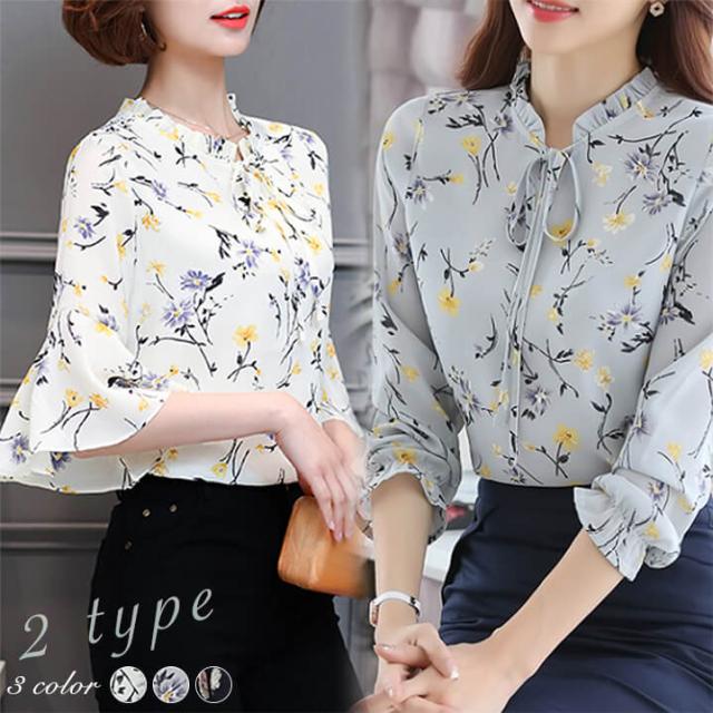 2A3 花柄シフォンブラウス レディース 半袖 長袖 シフォン ブラウス 