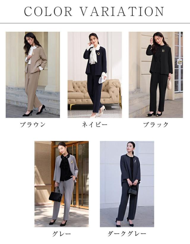 パンツスーツ レディース スーツ セットアップ きれいめ セレモニー フォーマル ノーカラージャケット ロングパンツ ママコーデ ゆったり ビジネス エレガント OL 女性 オフィ 通勤_11
