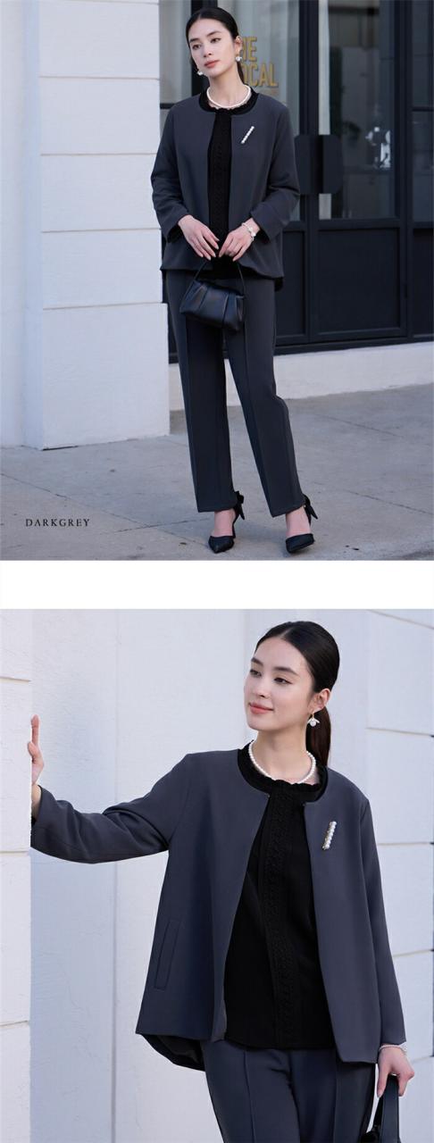 パンツスーツ レディース スーツ セットアップ きれいめ セレモニー フォーマル ノーカラージャケット ロングパンツ ママコーデ ゆったり ビジネス エレガント OL 女性 オフィ 通勤_5