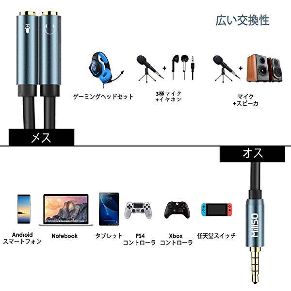 3.5mm変換アダプタケーブル イヤホン・マイク分配 Y分岐ジャックコネクタケーブル3極メスx2-4極オス イヤホンスプリッター  ＜iPh...の通販はau PAY マーケット - ロールショップ