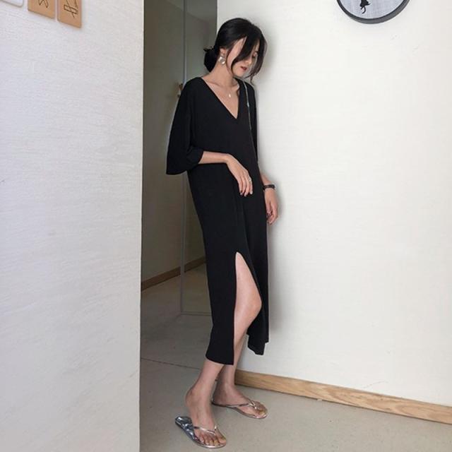 Tシャツワンピース 深vネック スリット セクシー 5分袖 ミモレ丈 ゆったり シンプル 無地 エレガント カジュアル Aya2581の通販はau Pay マーケット Yumi Shop