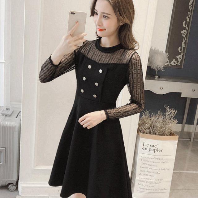 エレガントワンピース ブラック ダブルボタンデザイン 長袖 シースルー フレアースカート ハイウエスト お嬢様 清楚 可愛い 上品 黒 の通販はau Pay マーケット ブランニュー S Shop