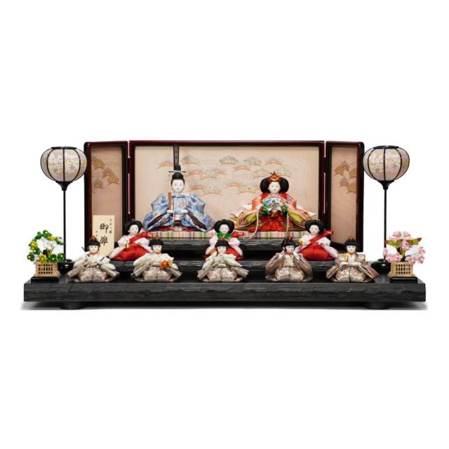 【雛人形】四寸おぼこ 市松地玩具柄文様 十人揃い薄型三段飾り | 小出松寿作
