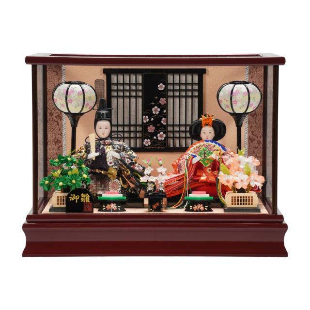 雛人形】小芥子 金襴(黒・赤) 溜塗 親王揃いガラスケース飾り | 河雲作