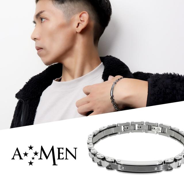 AMEN アメン プレート メカニック メタルバンド サージカルステンレス ブレスレット 19〜21.5cm ブランド ステンレス 大きいサイズ 中折れ式 中折金具