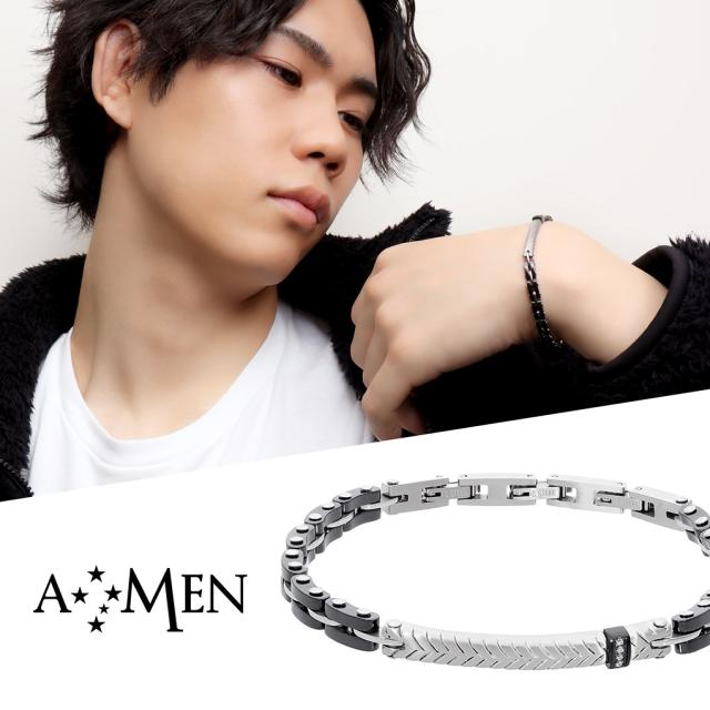 AMEN アメン プレート ブラック ジョイント サージカルステンレス ブレスレット 18.5〜21.5cm ブランド ステンレス 大きいサイズ シンプル 黒