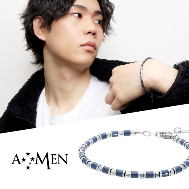 AMEN アメン ネイビー リングビーズ サージカルステンレス ブレスレット 18〜21.5cm ブランド ステンレス 大きいサイズ ブルー シック シンプル