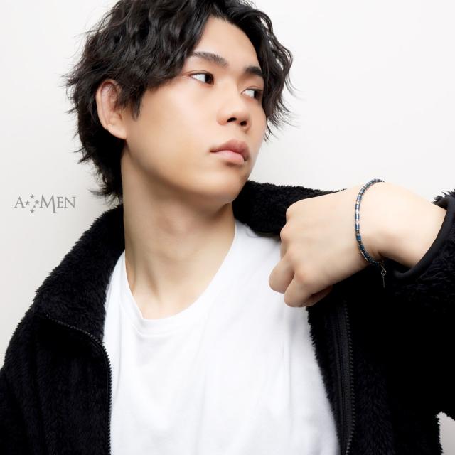 AMEN アメン ネイビー リングビーズ サージカルステンレス ブレスレット 18〜21.5cm ブランド ステンレス 大きいサイズ ブルー シック シンプル_3