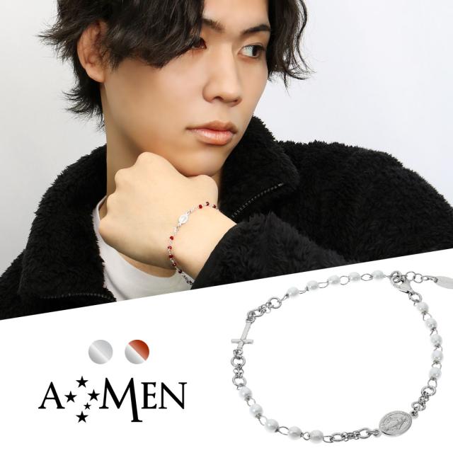 AMEN アメン マリア メダイ クロス シルバー ブレスレット 19〜21cm ブランド ロザリオ パール レッドクリスタル キリスト 教会 ホワイト 白 レッド