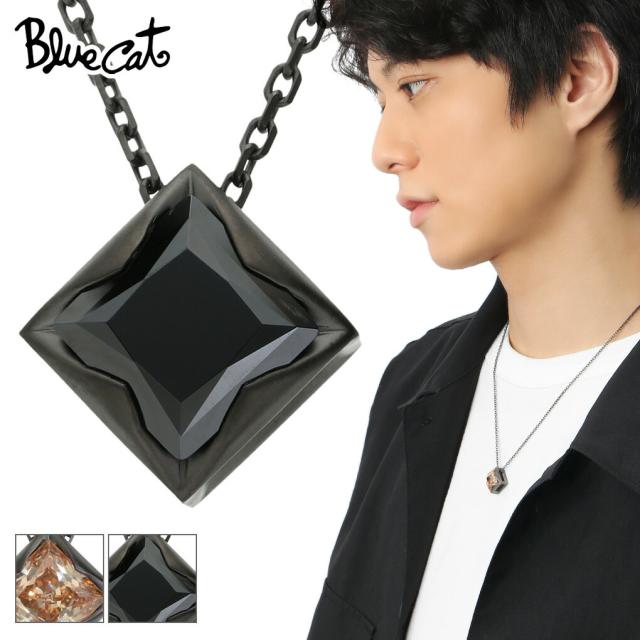 Blue Cat 選べる2カラー ブラック スクエア ジルコニア ネックレス ペンダント メンズネックレス シルバー 925 シャンパンジルコニア