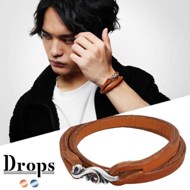 DROPS アラベスク フック 2重 巻き レザーブレスレット 革ブレスレット 革 牛革 腕輪 ブレス シルバー925 唐草 模様 キャメル メンズ