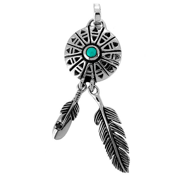 ドリームキャッチャー ペンダントトップ ペンダントヘッド(チェーンなし) トルコ石 ブラックCZ フェザー ネイティブ  ネックレス 6,702円