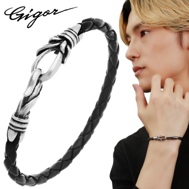 GIGOR ジゴロウ クリプト シルバー レザー ブレスレット 15cm〜23cm メンズ 本革 編み込み シルバー925 ブランド レザーブレスレット アクセサリー 革