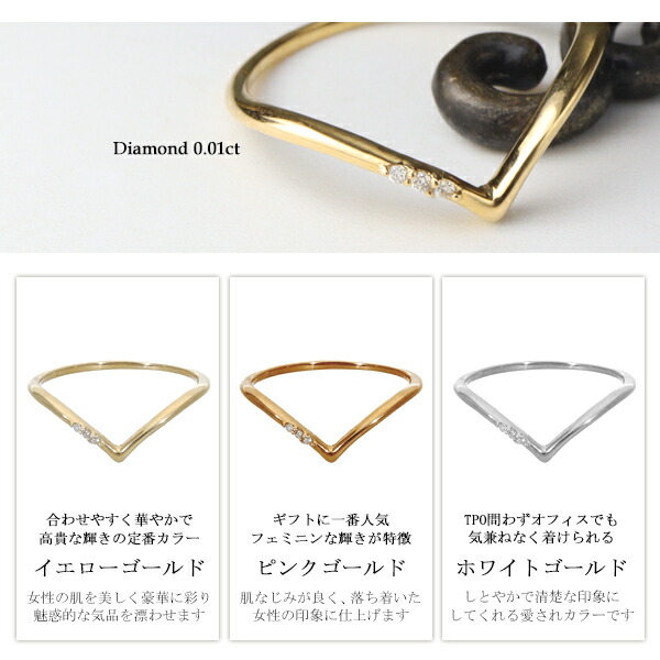 選べる3カラー K18 ゴールド ダイヤモンド V字 リング 7〜11号 金 18金 18k 指輪 ピンクゴールド ホワイトゴールド 天然ダイヤモンド ダイアモンド_3