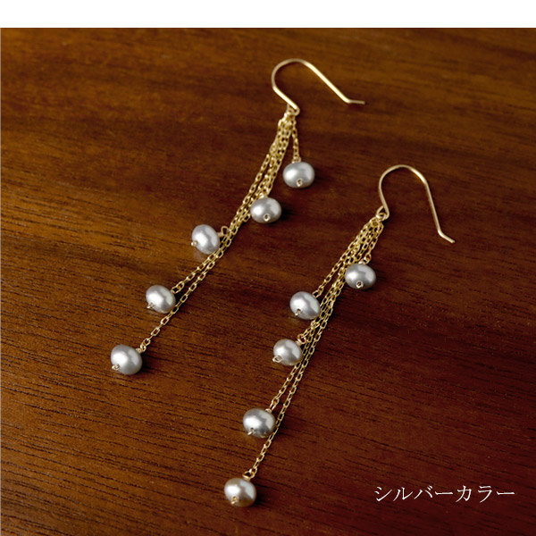 Irise coffret K10 ゴールド パール 真珠 バロックパール チェーン ピアス ホワイト シルバー 2P 両耳用 レディース 10金 10k フック ドロップ 揺れる_2