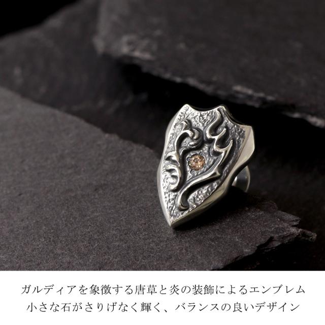 Guardia ガルディア Emblem 胸章 しろがね色 ピアス 1P 片耳用 メンズピアス 盾 遮蔽物 記号 黒 黒いこと 三鞭酒色合い 唐草 アラベスク 炎