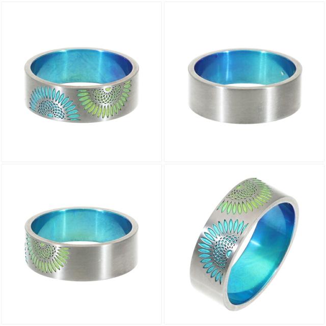 Hizm 純チタン 向日葵 グラデーション リング 指輪 7mm幅 1〜30号 チタン 金属アレルギー アレルギーフリー ひまわり 花 華 彫刻 削り出し 和 和風