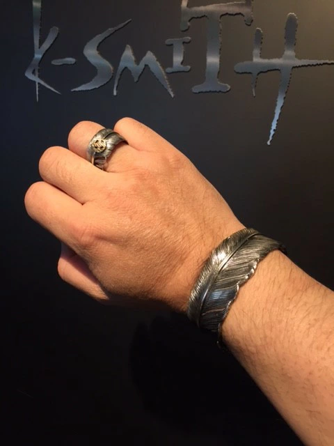 K-SMITH 打ち出し フェザー 燻し シルバーバングル ターコイズ 羽根 ネイティブ イーグル ブレスレット バングル 腕輪 シルバー925 銀_6
