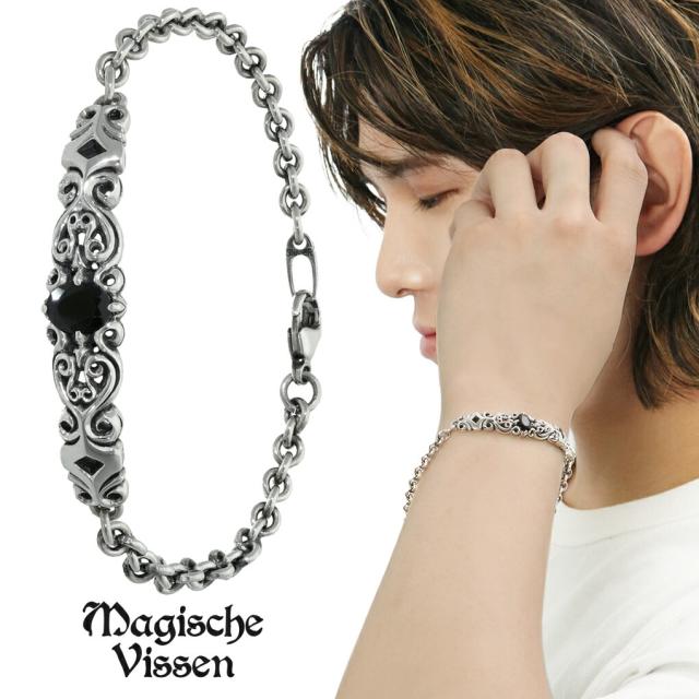 マジェスフィッセン オニキス トライバル ブレスレット シルバー 925 誕生石 天然石 ジルコニア 透かし 文様 模様 民族 部族 存在感 ハード ワイルドの通販は 15,444円