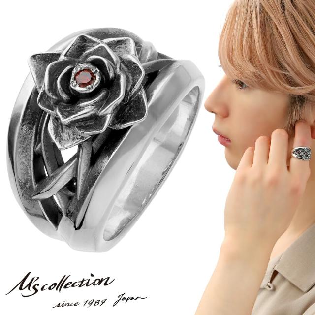 M's collection エムズコレクション ローズ リング 指輪 9〜27号 シルバー 925 薔薇 バラ 花 レッド ジルコニア 赤 シルバーリング メンズ レディース