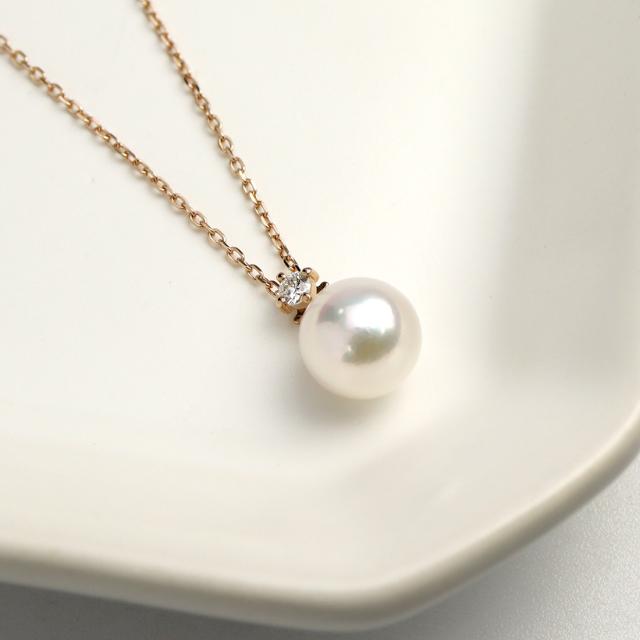 K18 ピンクゴールド あこや真珠 一粒 ペンダント ダイヤモンド 18金 18k K18PG 天然 ダイヤ 真珠 パール ジュエリー ネックレス 首飾り_1