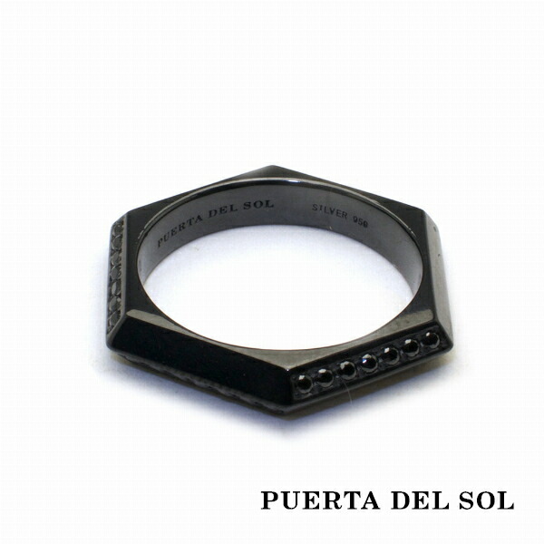 PUERTA DEL SOL Hexagon ヘキサゴン エッジ 鏡面 ストーン リング(7号〜23号) ブラック シルバー950 チタンコーティング ユニセックス