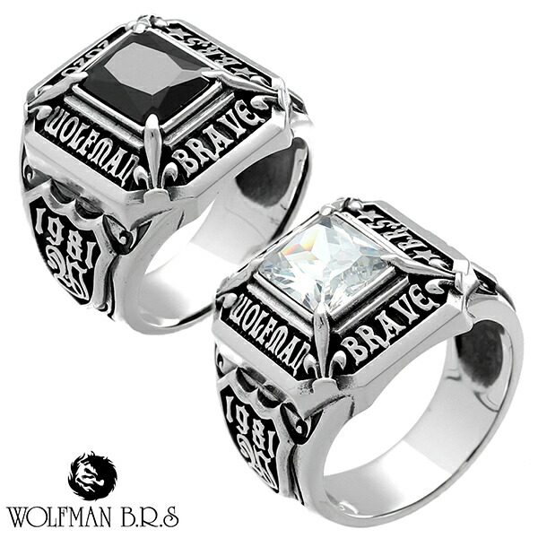 ウルフマン カレッジリング 15〜23号 リング 指輪 シルバーリング メンズ ウルフマンBRS 2020 BRAVE 狼 オオカミ ジルコニア ブラック ブランド