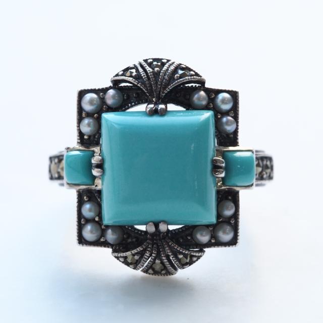 ROKUZAN ターコイズ シードパール リング 指輪 11〜17号 シルバー925 ターコイズ パール 真珠 マーカサイト ROK-204R0318-TQ 碌山ジュエリー ブランド