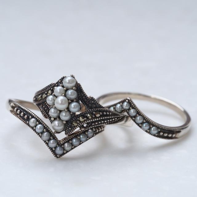 ROKUZAN シードパール マーカサイト 3連リング 指輪 リング 11〜17号 シルバー925 パール 真珠 マーカサイト 碌山ジュエリー ブランド レディース