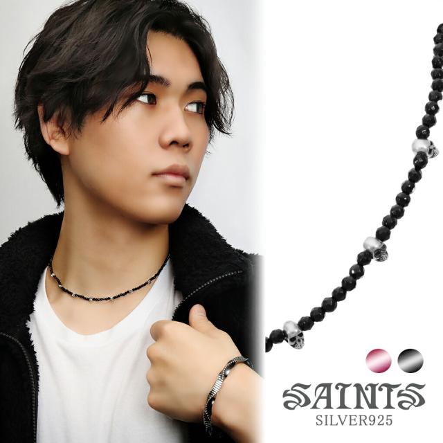 SAINTS セブン スカル ネックレス 39〜44cm オニキス ガーネット シルバー ネックレス チョーカー 天然石 骸骨 ドクロ 髑髏 ガイコツ モチーフ
