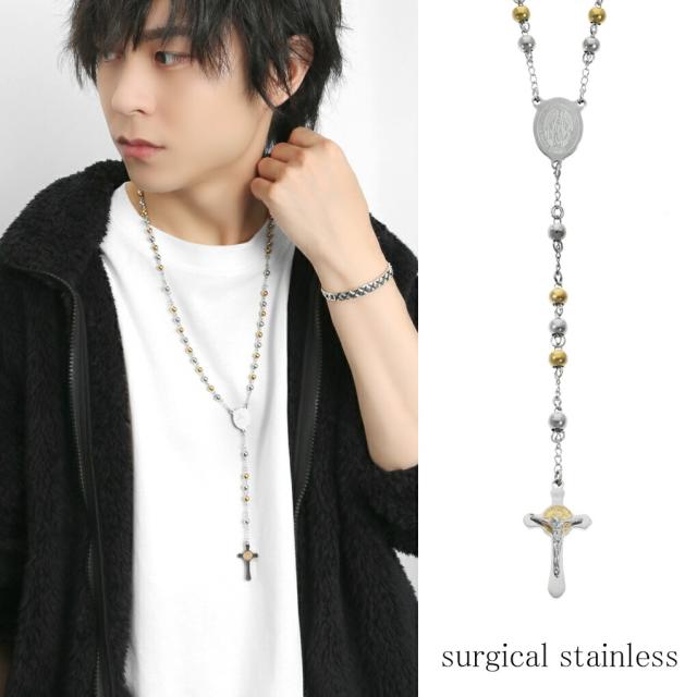 ステンレス ゴールド ロザリオ ネックレス ペンダント サージカルステンレス 金属アレルギーフリー ニッケルフリー キリスト 聖母マリア 十字架