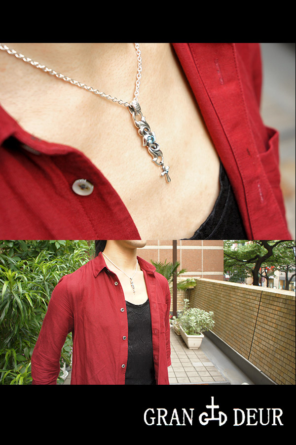 GRAN DEUR ストーンリリィ スモールクロス シルバーネックレス チェーン付き シルバー925 メンズ ネックレス ブルートパーズ ロードライトガーネット_3