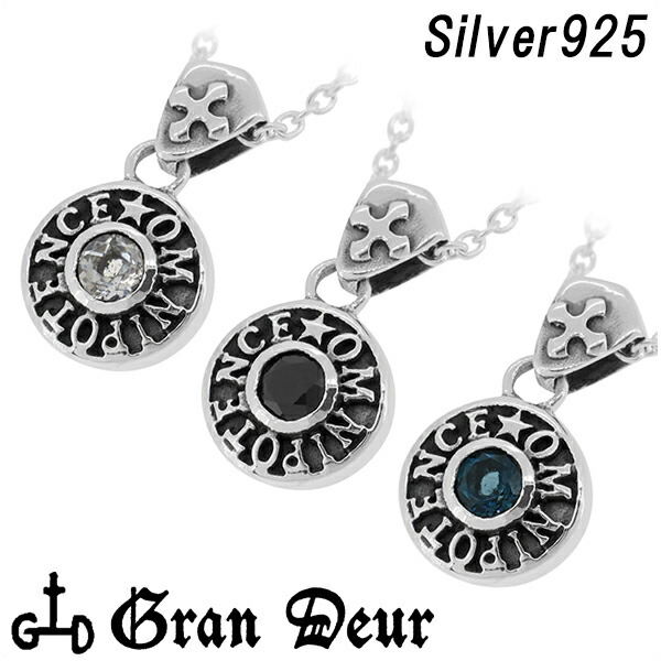 GRAN DEUR 円盤 ラウンド ストーン シルバーネックレス チェーン付きペンダントトップ ロンドンブルートパーズ ホワイトトパーズ オニキス
