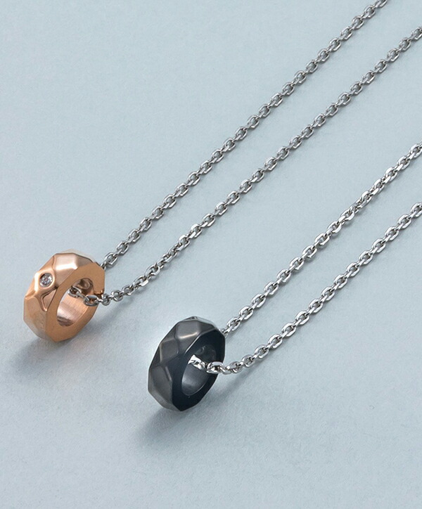ダイヤカット リング ペアネックレス サージカルステンレス 金属アレルギーフリー ジルコニア 多角形 ボルト 輪っか ブラック ピンクゴールド