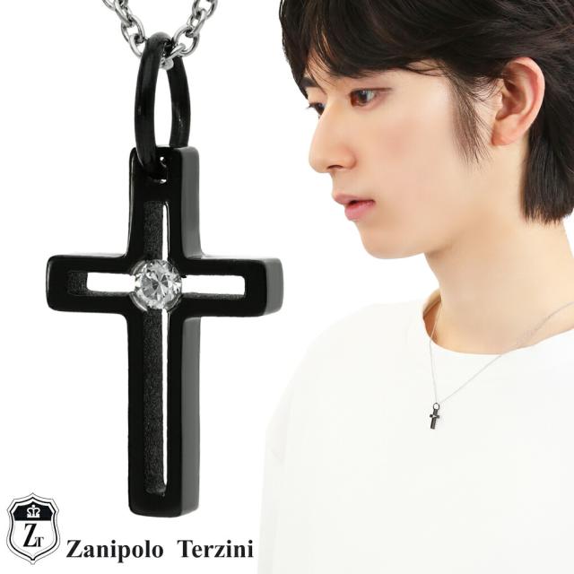 Zanipolo Terzini ミニ クロス 十字架 ブラック ネックレス (チェーン付き) ペンダント メンズネックレス ステンレス ジルコニア 小さめ 小さい 華奢