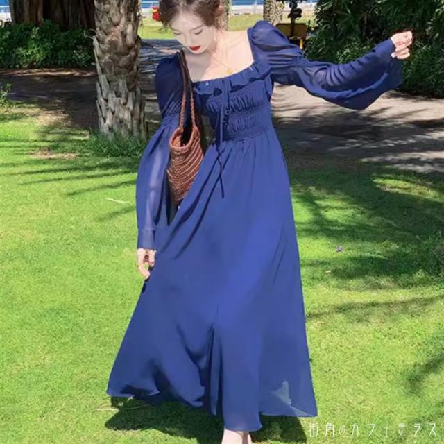 ドレス ロングドレス ワンピース パーティドレス カラードレス ロング マキシ 袖あり 長袖 フレア袖 フレアスリーブ Uネック ラウンドネック Aライン フレア フリンジ 透け感 シースルー 薄手生地 エレガント 可愛い 大人可愛い きれいめ シンプル カジュアル シック コンサバの通販は