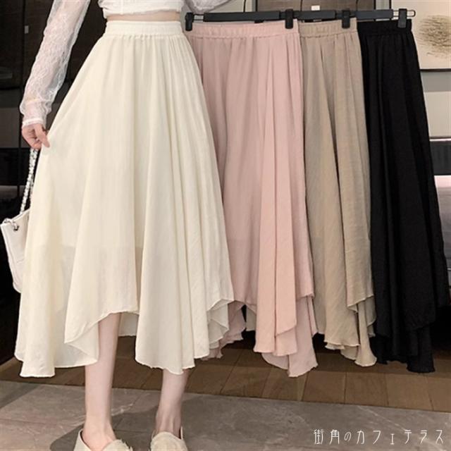 スカート 4色 色 ロングスカート アシンメトリー ロング ミモレ フレア Aライン シンプル 透け感 シースルー ウエストゴム 薄手 裏地 かわいい 大人可愛い きれいめ カジュアル 大人 上品 おしゃれ お洒落 レトロ こなれ感 コンサバ系 ラフ 抜け感 レディライク 無地 夏の通販は