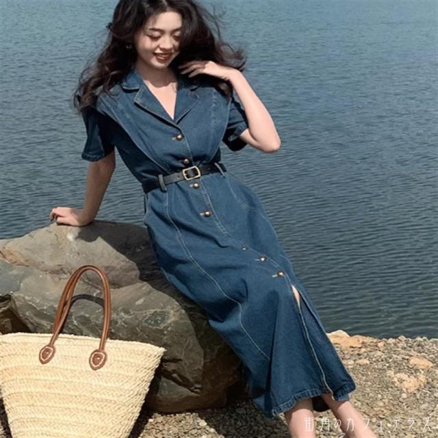 ワンピース ロングワンピ 2色 ロング マキシ 半袖 Vネック 襟付き Aライン フレア ボタン 薄手生地 デニム エレガント 可愛い 大人可愛い きれいめ シンプル カジュアル シック コンサバ 華やか 大人 上品 おしゃれ お洒落 主役級 こなれ感 高見え 高級感 無地 夏 レディースの通販は 6,508円