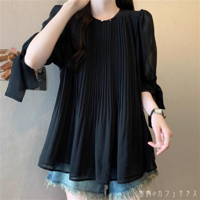 トップス 3色 ブラウス ロング丈 大きい ゆる オーバーサイズ プラスサイズ 長袖 Uネック Aライン フレア プルオーバー プリーツ ドレープ タッグ ギャザー 透け感 薄手生地 かわいい 大人可愛い 大人女子 こなれ感 シンプル カジュアル 大人 上品 おしゃれ お洒落 ラフの通販は 4,766円